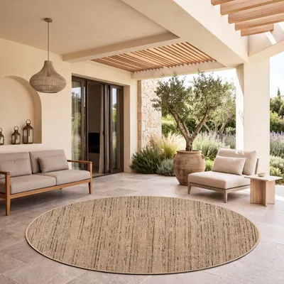 Produktbild von TT Home Waschbarer In-& Outdoorteppich Wetterfest Garten Terrasse Esszimmer Boho Muster Unicolor Meliert Moderner Style Größe 160 cm Rund
