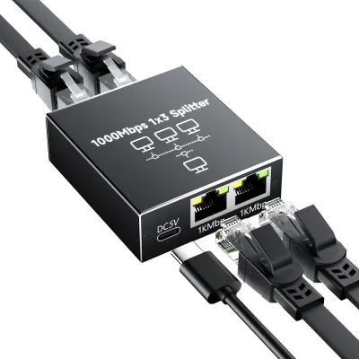 Productafbeelding van LAN-splitter 1 naar 3, 1000 Mbps Ethernet Splitter met USB-C Stroomkabel
