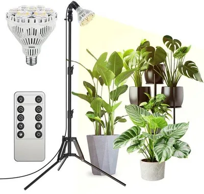Immagine prodotto di Lampada LED per piante Ibenzoa® – Spettro completo, 4000K, dimmerabile dal 25% al 100%, con timer (4-812 h), treppiede regolabile in altezza da 40 a 110 cm e telecomando, ideale per piante da interno