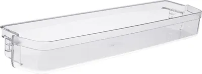 A clear plastic refrigerator bin is shown against a white background.