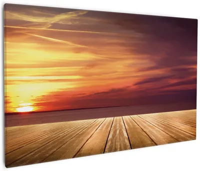 Produktbild von Wallario Premium Leinwandbild Steg am See - Sonnenuntergang und roter Himmel in Größe 60 x 90 cm