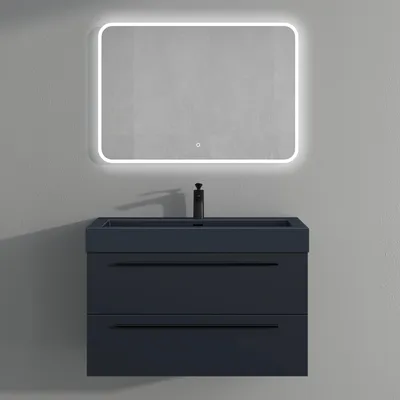 Produktbild von Mai & Mai Badmöbelset Komplett Set Waschbeckenunterschrank 90cm Unterschrank in matt Anthrazit mit Waschschbecken und LED-Badspiegel Quadratto
