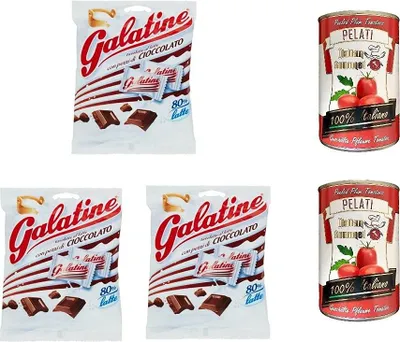 Produktbild von 3x Sperlari Süßigkeiten Galatine mit Milch Geschmack Schokolade Bonbon 115g + Italian Gourmet 100% italienische geschälte Tomaten dosen 2x 400g