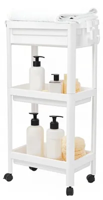 Image de Étagère de salle de bain en plastique - Étagère de rangement autoportante - Étagère multifonctionnelle - 3 niveaux - Avec roulettes - Inclut des paniers de rangement