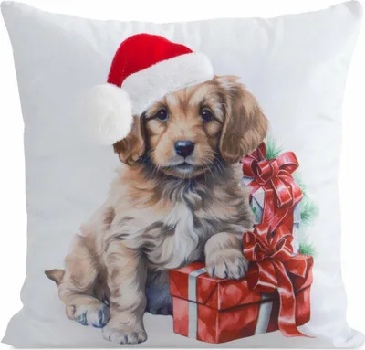 Image de EUROFIRANY | Housse de coussin décoratif - Housse de coussin de canapé - 45 x 45 cm - Blanc Rouge - Chien - Housse de coussin décoratif de Noël - Noël