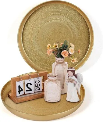 Produktbild von Famanu Set von 2 dekorativen goldfarbenen Metalltabletts - Ø 34 cm - Weihnachten - hohe Kante