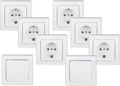 Productafbeelding van Inbouwstopcontact en Schakelaars - 6 Stopcontacten en 2 Schalelaars met Frame - Geaard - Wit