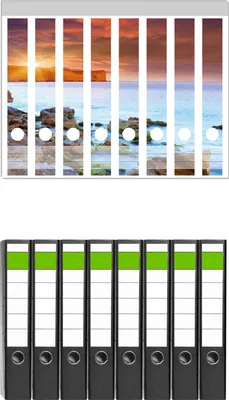 Produktbild von Wallario 8 Stück schmale Ordner inkl. Klebeetiketten mit Motive Sonnenaufgang am Meer mit Landzunge und Felsen im Wasser -  Set mit Rückenschildern / Ordnerrücken Stickern