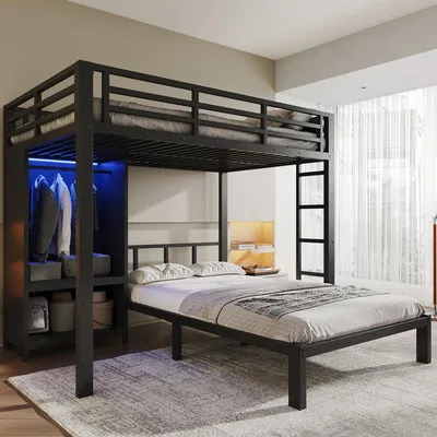 Image de Lit superposé Flieks 120x200 cm avec échelle, lit double avec armoire et éclairage LED, lit en hauteur avec espace de rangement, noir, métal et bois