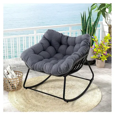 Produktbild von Schaukelstuhl für den Außenbereich, Loungesessel aus Rattan, Schaukelsessel mit dickem und abnehmbarem Kissen, XXL Balkonsessel, Relaxsessel für Balkon, Garten und Terrasse (Grau)