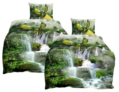Produktbild von JACK by Kaeppel Mako Satin 4tlg. Digitaldruck Bettwäsche Wasserfall Papagei Grün 135x200cm Bettwäsche