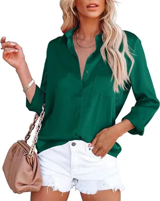 Produktbild von ASKSA Damen Satin Bluse Elegant V-Ausschnitt Hemden Knöpfen Casual Arbeit Oberteile, Dunkelgrün, S