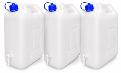 Image de 3 bidons de 20 L avec couvercle, robinet et bec verseur, eau potable naturelle
