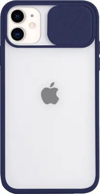 A back view of an iPhone 12 Mini with a dark blue case.