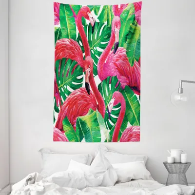 Produktbild von ABAKUHAUS Flamingo Wandteppich und Tagesdecke, Retro exotische Blätter aus Weiches Mikrofaser Stoff Waschbar ohne Verblassen Digitaldruck, 140 x 230 cm, Grün Rosa