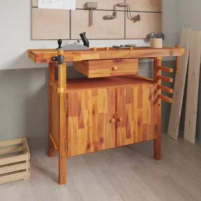 Produktbild von Famanu Werkbank mit Schublade - Werkstation aus massivem Akazienholz - 124 x 52 x 83 cm