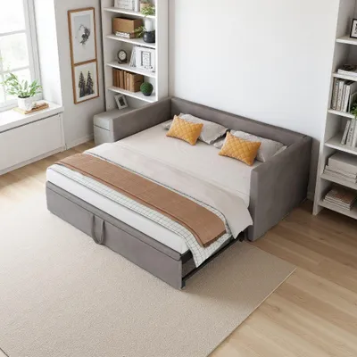 Image de Canapé-lit ProximaX 90 x 200 cm avec lit gigogne 3-en-1, canapé-lit en velours avec tiroir, canapé-lit rembourré, peu encombrant et confortable, gris