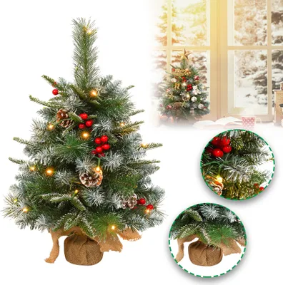 Zdjęcie produktu dla UISEBRT 60cm mini sztuczna choinka z diodami LED, choinka dekoracyjna z szyszkami i czerwonymi jagodami, do dekoracji świątecznych w pomieszczeniach