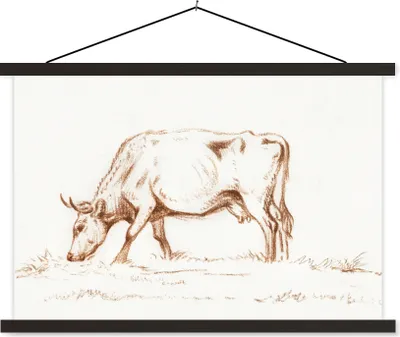 Produktbild von MuchoWow® Textilposter Weidender Stier - Gemälde von Jean Bernard 90x60 cm mit schwarzem Rahmen - Aufhängungssatz