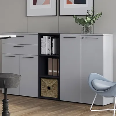 Produktbild von Arbeitszimmer Büroschrank Set AURAY-01 abschließbar in Lichtgrau/Graphit, BxHxT: ca. 205x120x40 cm