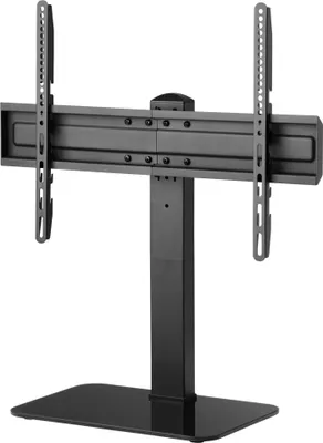 A black TV stand with adjustable arms for mounting a television.