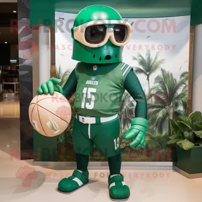 Produktbild von Waldgrüner REDBROKOLY Maskottchen Kostüm mit American-Football-Helm gekleidet in Badebekleidung und Manschettenknöpfen