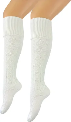 Produktbild von modische Damen und Herren Trachtenstrümpfe Wanderstrümpfe Wandersocken Kniestrümpfe mit edlem Strickmuster Zopfmuster kniehoch weiß – Oktoberfest