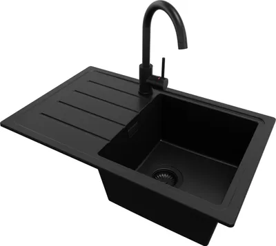 Produktbild von PRIMAGRAN Granitspüle Alles Schwarz 70x44cm, Spülbecken 1 Becken + Küchenarmatur 32x20cm + Ablauf-Set, Küchenspüle ab 45er Unterschrank - Kopenhagen Easy