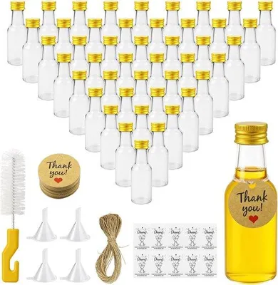 Produktbild von Famanu Mini Likörflaschen 25 ml mit Schraubverschluss, Trichter und Etiketten – Transparent