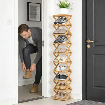 Immagine prodotto di Grande scaffale pieghevole in legno per scarpe, con 10 ripiani e ampio spazio di stoccaggio, ideale per l'ingresso, il corridoio, la camera da letto e il soggiorno