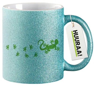 Produktbild von Huuraa Glitzertasse Gecko Tapsen 330ml Blau Keramik Kaffeebecher Geschenkidee