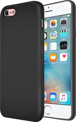 A black silicone phone case is shown next to an iPhone.