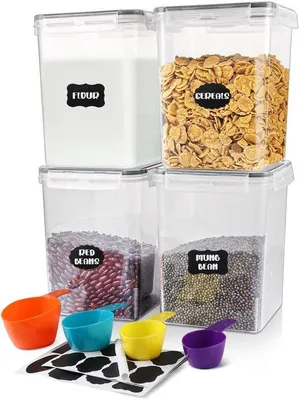 Produktbild von Ibenzoa® 4er Set luftdichte Vorratsdosen 5,2 L – BPA‑freier Kunststoff, transparent & stapelbar, inkl. 4 Messlöffel, 3 Etiketten + Stift für Küche