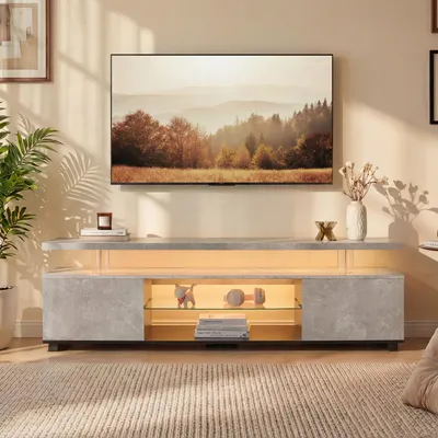 Imagen del producto de Mueble de TV Ropilly para televisores de 60 pulgadas, 130 x 40 x 48 cm, color gris y , fabricado en MDF, con iluminación LED y un mueble auxiliar lateral para el salón