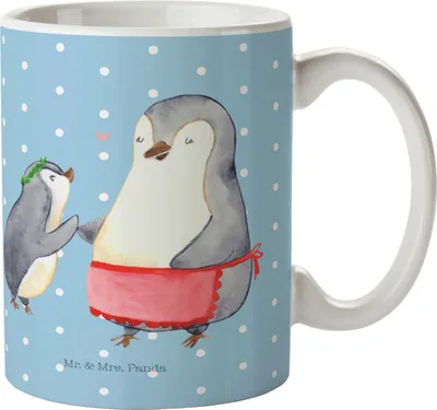 Produktbild von Mr. & Mrs. Panda Kaffeebecher Pinguin mit Kind - Blau Pastell - Geschenk, Mutter, Muttertag, Familie, Pott, Kaffeetasse, Becher, Trinkbecher, Mama, Vorbild, Tasse