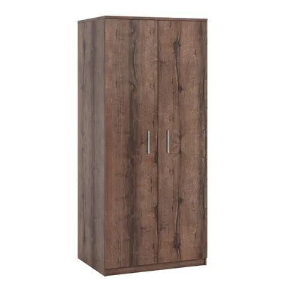 A tall, narrow wardrobe with two doors and a wood-grain finish.