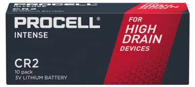 A product box for Procell Intense CR2 lithium batteries.