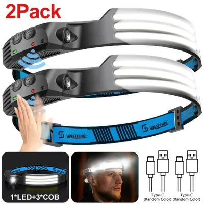 Image de Lampe frontale LED COB rechargeable par USB-C - Lot de 2 - 3 LED COB - Détecteur de mouvement - 10 W - Étanche - Idéale pour la pêche et le camping