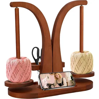 Image de Dérouleur de laine magnétique, support de laine en bois avec organisateur d'accessoires de tricot, double support de boules de fil pour les amateurs de crochet