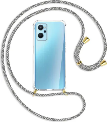 Produktbild von Handykette Backcover-Schutzhülle mit Band (Metall goldfarben) für Realme 9i - weiß/grau kariert