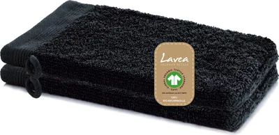 Produktbild von Lavea® 2er Set Waschlappen 16x22 cm, Waschhandschuhe Bali aus Baumwolle Frottee, für Gesicht & Körper, 100% GOTS Baumwolle, Schwarz