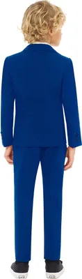 A young boy is shown from the back wearing a blue suit and black shoes.