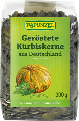 Produktbild von Rapunzel 600940, 200 g, Kürbiskerne* geröstet *kontrolliert biologischer Anbau, 603 kcal, 2490 kJ, 36,45 g, 47,59 g