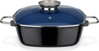 Zdjęcie produktu dla Kwadratowa brytfanna GSW Ceramica cobalt blue 28x28cm, aluminium, stal nierdzewna, szkło, kwadratowa brytfanna z pokrywką ze szkła aromatyzowanego ø ok. 28 x 28 x H 8,5cm
