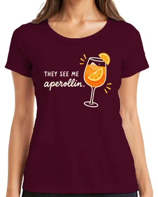 Immagine prodotto di Maglietta da donna con scritta "Aperol Spritz", ideale per l'estate, disponibile nel colore bordeaux, taglia S