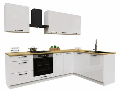 Obrázek produktu pro Rohová kuchyně - tvar L - 260x170 cm - Bílý vysoký lesk - MDF - s hnědou pracovní deskou - tiché dovírání - Moderní nábytek - DENIS