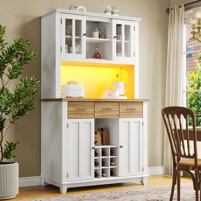 Produktbild von Flieks Küche Hochschrank Küchenbuffet mit LED, Küchenschrank Buffet mit Arbeitsplatte und Weingestell, Highboard mit Schubladen, weiß + Holzfarbe