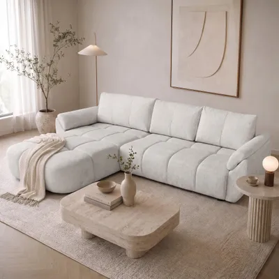 Produktbild von Beautysofa Ecksofa L-Form MASSIMO Ecksofa mit Schlaffunktion und Bettkasten, Universal-Eckcouch, Schlafsofa Creme, Bouclé-Stoff