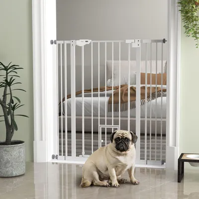 Produktbild von Hunde-Absperrgitter, doppelte Verriegelung, selbstschließende Tür, 104 cm hoch, Stahl, Weiß