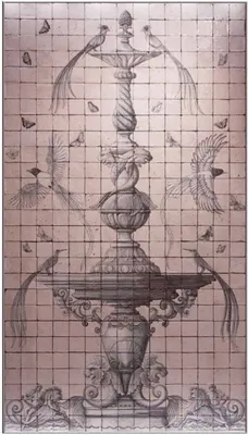 Produktbild von Casa Padrino Luxus Barock Deko Wandgemälde Brunnen & Vögel Rosa / Grau 155 x H. 280 cm - Handgefertigte & Handbemalte Naturstein Mosaik Fliesen - Barock Wanddeko - Edel & Prunkvoll